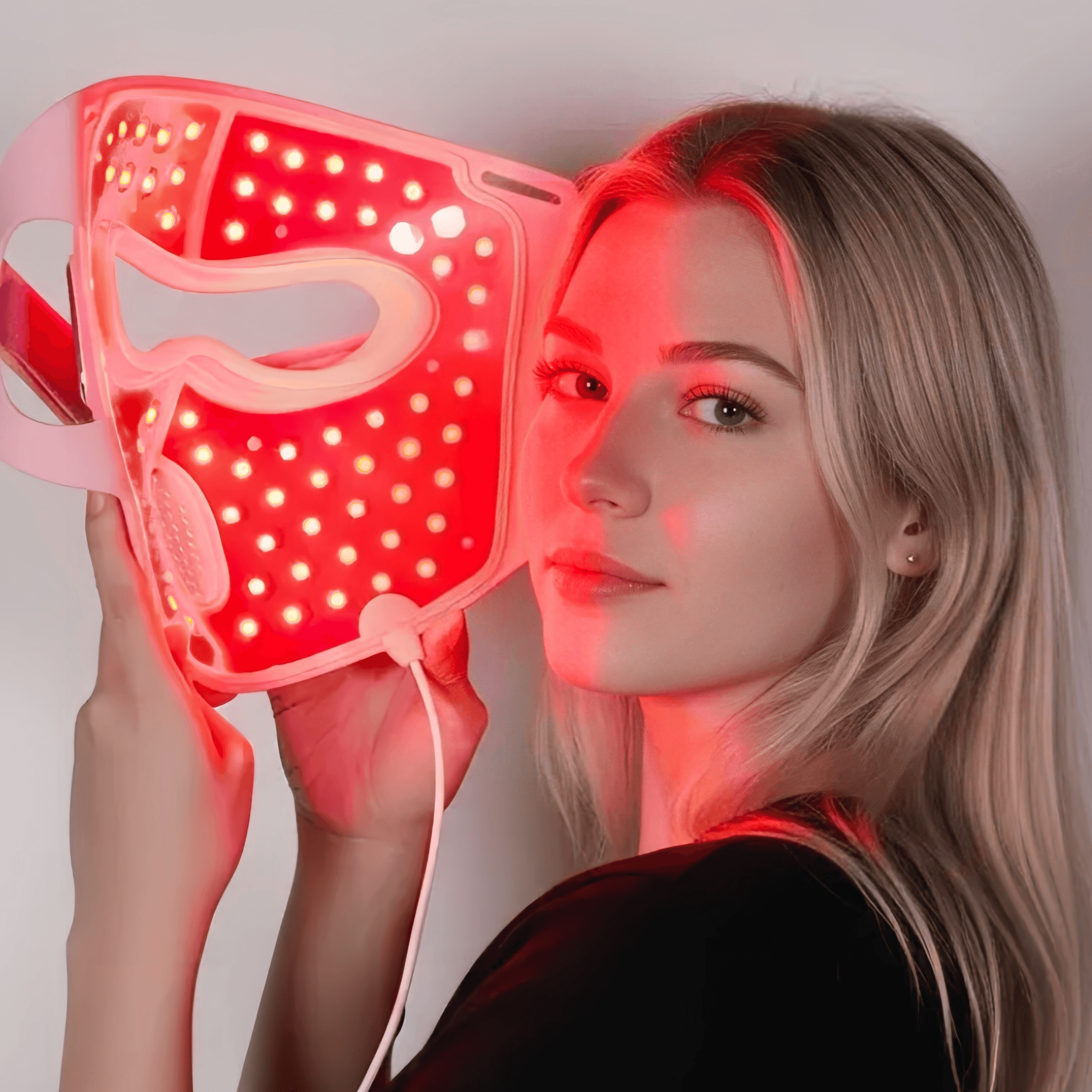 Woman resting in bed wearing the 4D LED mask, red 633 nm light glowing through the silicone