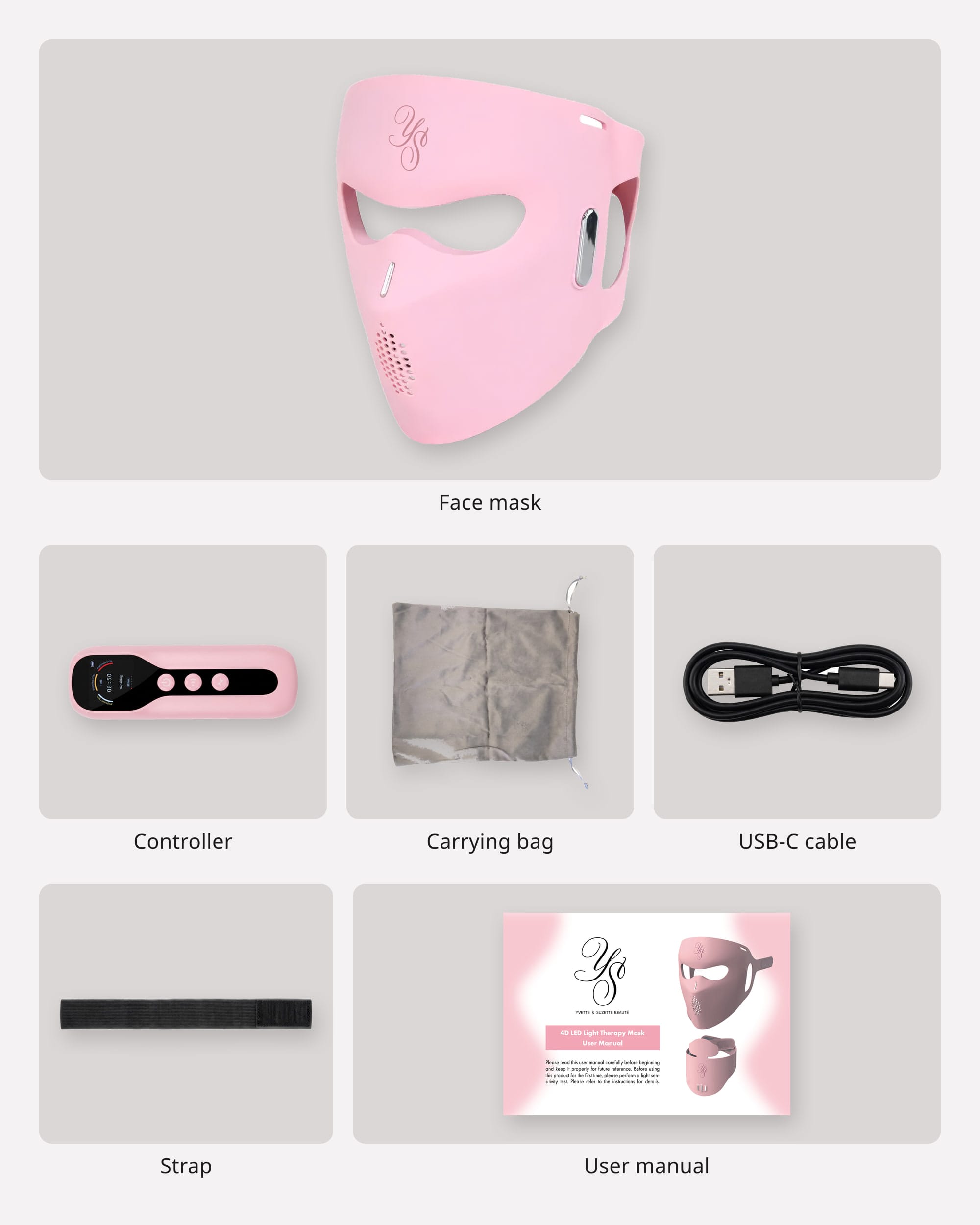 What comes with the face mask: the mask, controller, grey velvet carrying bag, USB-C cable, strap and user manual